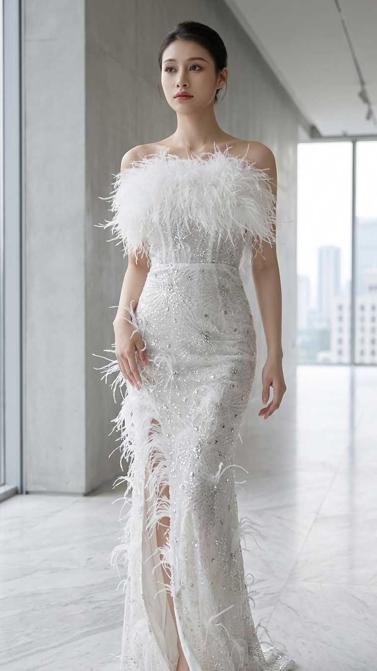 Aurora Feather-Trimmed Evening Dress — Sculpted Linen Statement Gown