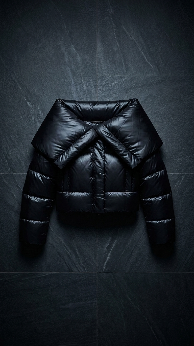 Black Oversized Collar Short Puffer Jacket
