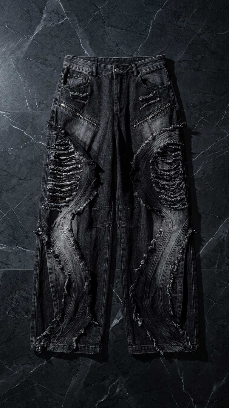 American-Style Deconstructed Distressed Wide-Leg Jeans — Patchwork Denim