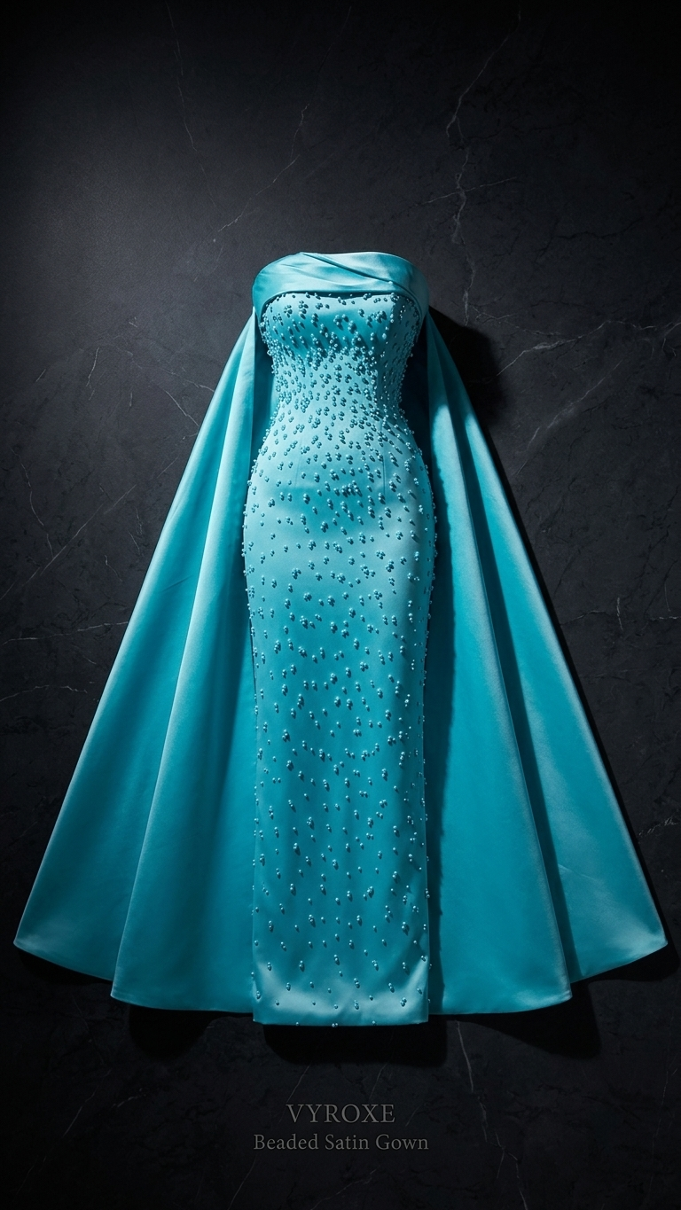 Sequined Column Evening Gown with Dramatic Attached Shawl Train