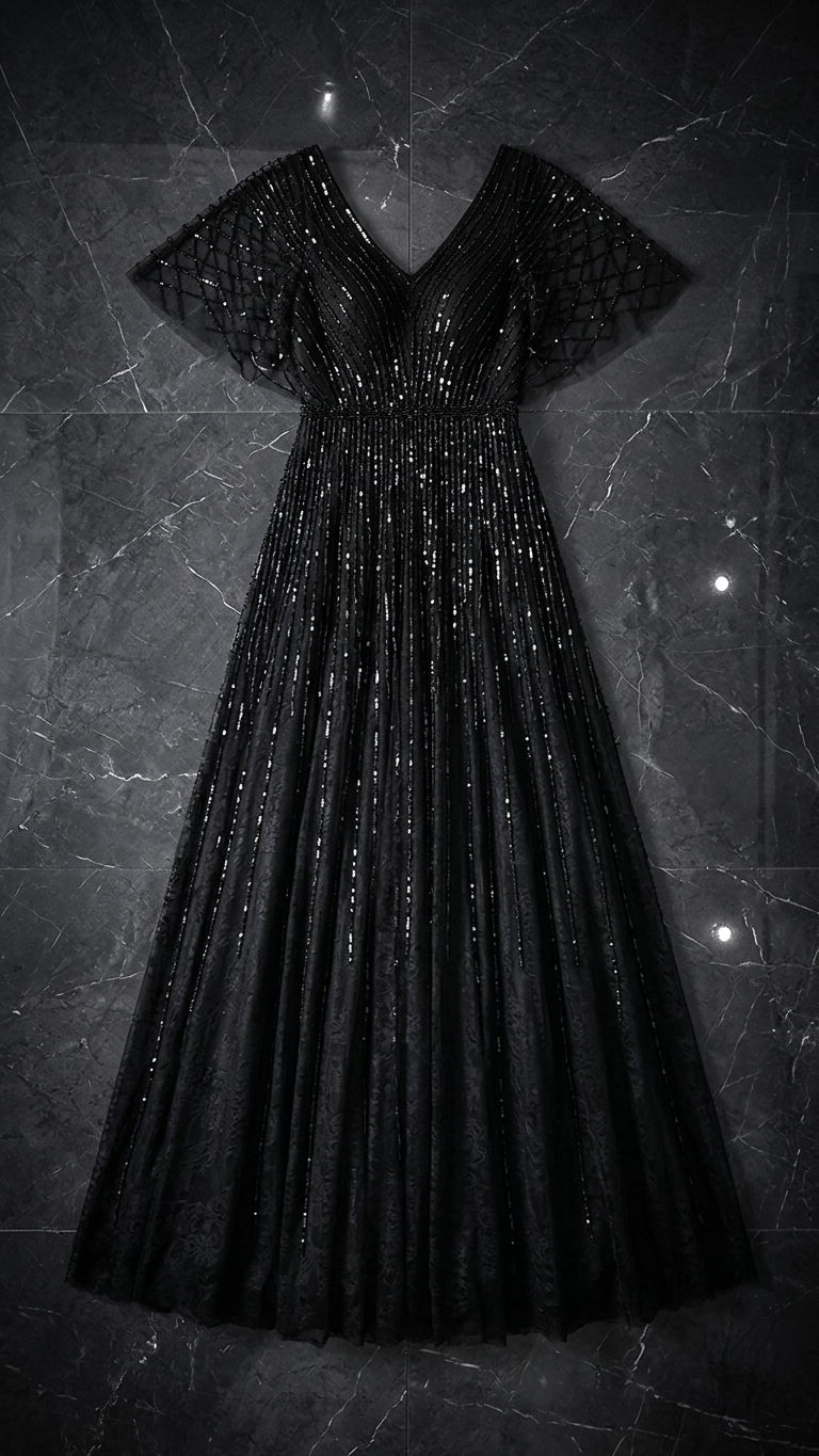 Solid Black Sequin Evening Gown with V-Neck Flutter Sleeves