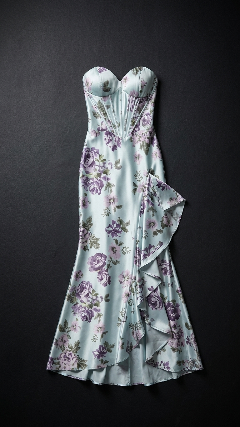 Fishtail Floral Satin Evening Gown, Figure-Flattering Slimming Silhouette