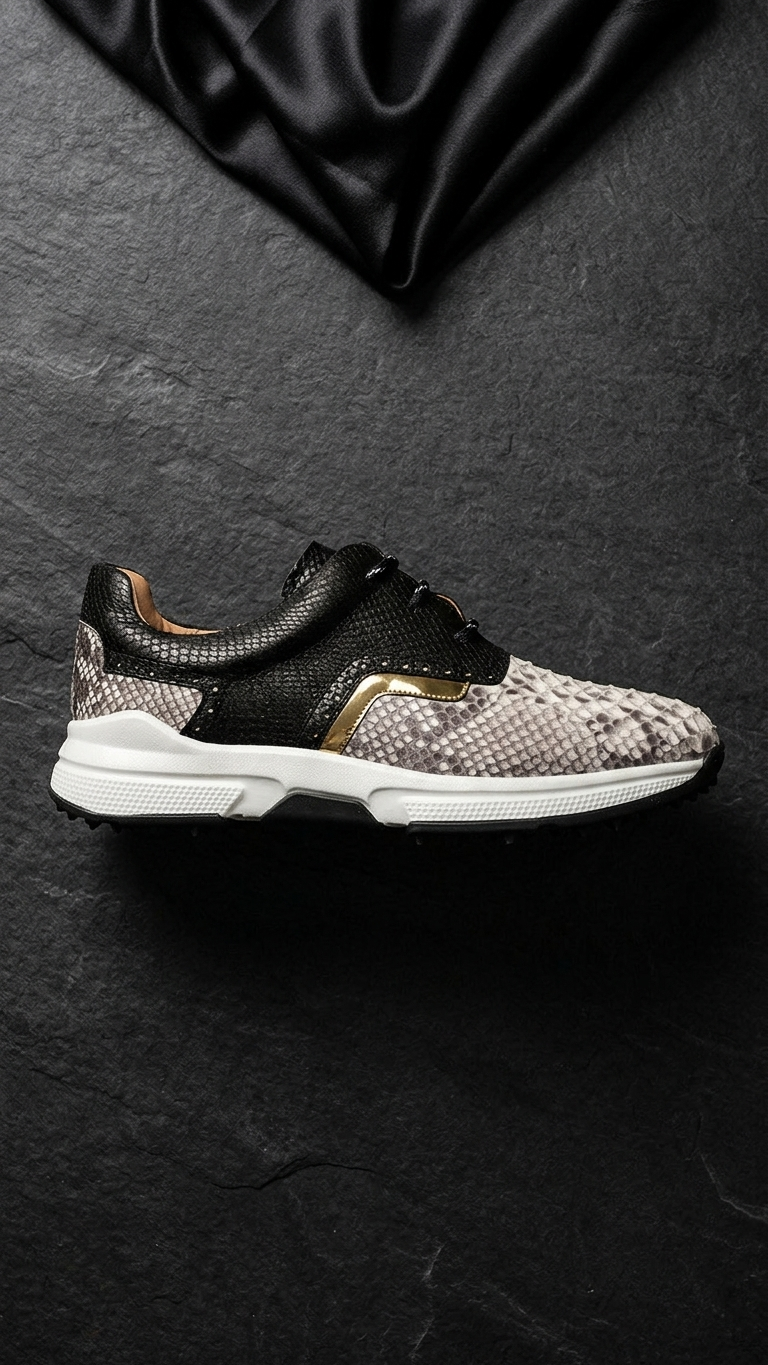 Python-Embossed Leather Chunky Sneaker — Black & Stone Statement Trainer
