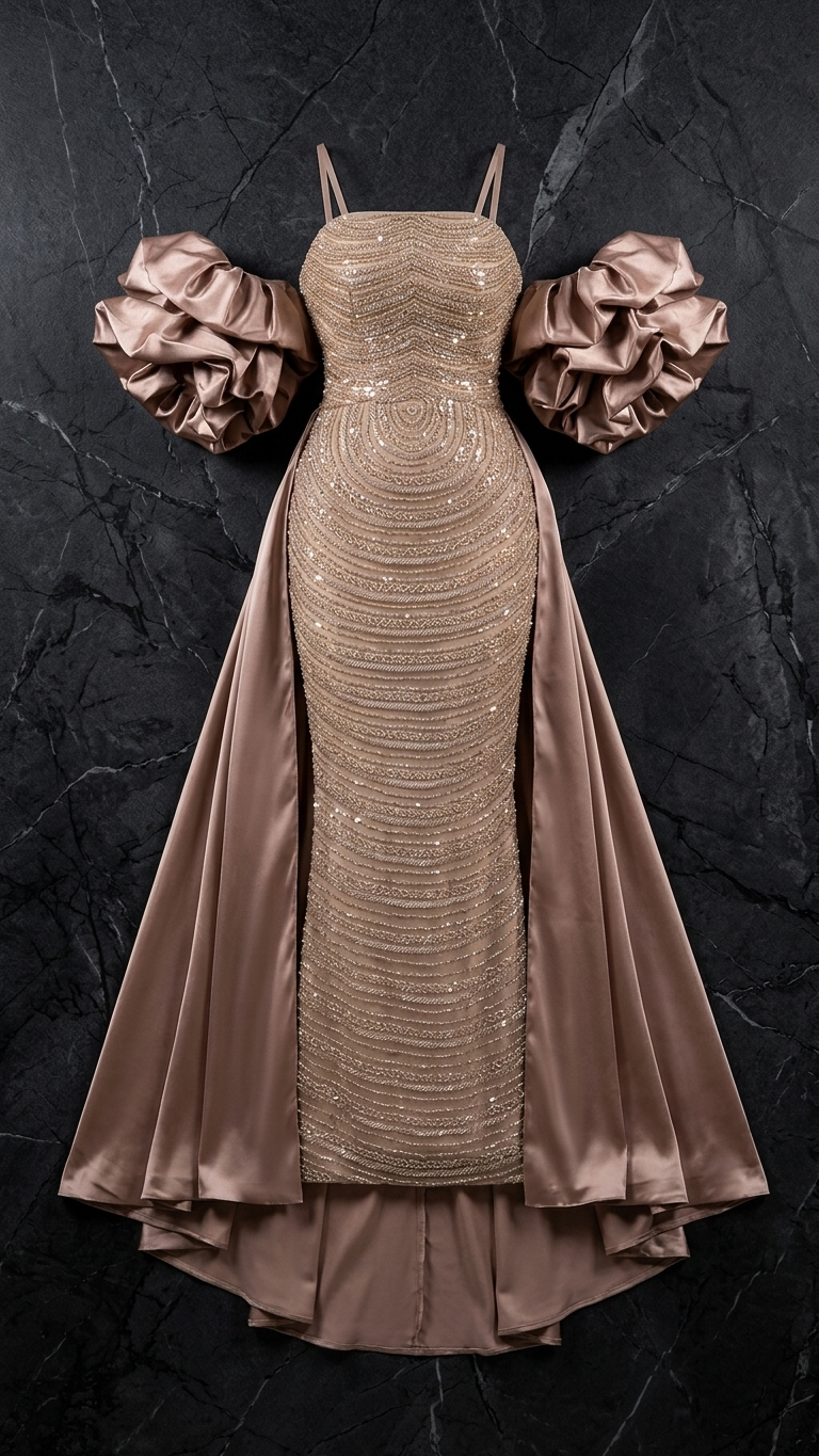 Hand-Beaded Fishtail Evening Gown with Draped Satin Cape Train