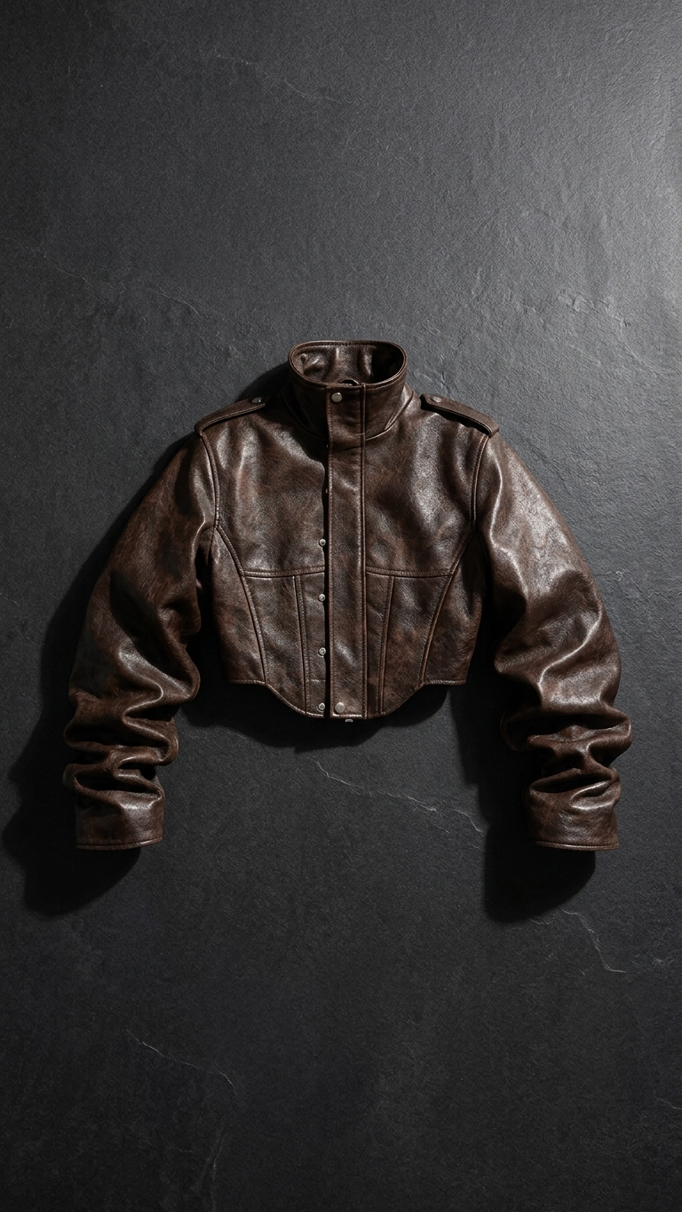 Structured Cropped Leather Jacket — Sculpted Sleeve Statement Coat, Brown