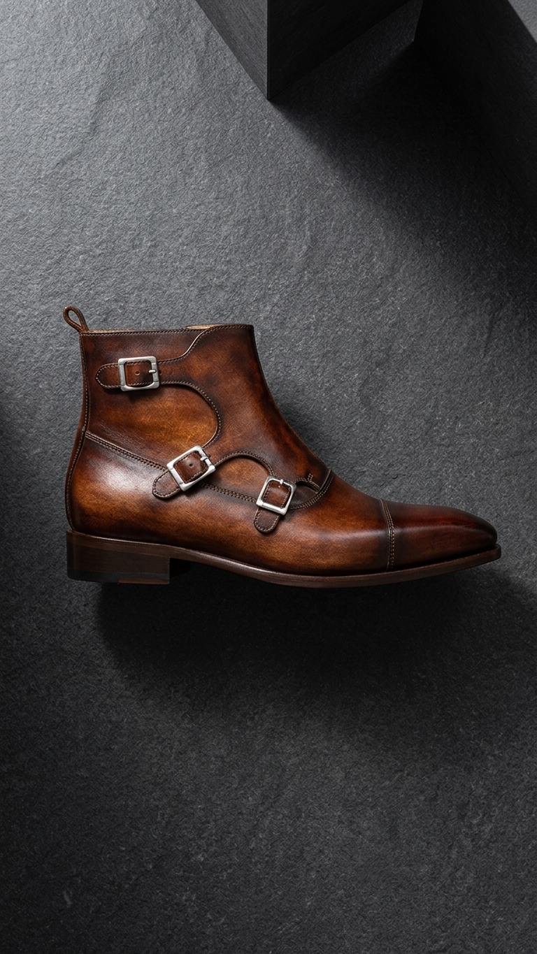 Hand-Burnished Leather Double Monk Strap Boots for Men – Cowhide Square-Toe Ankle Boot