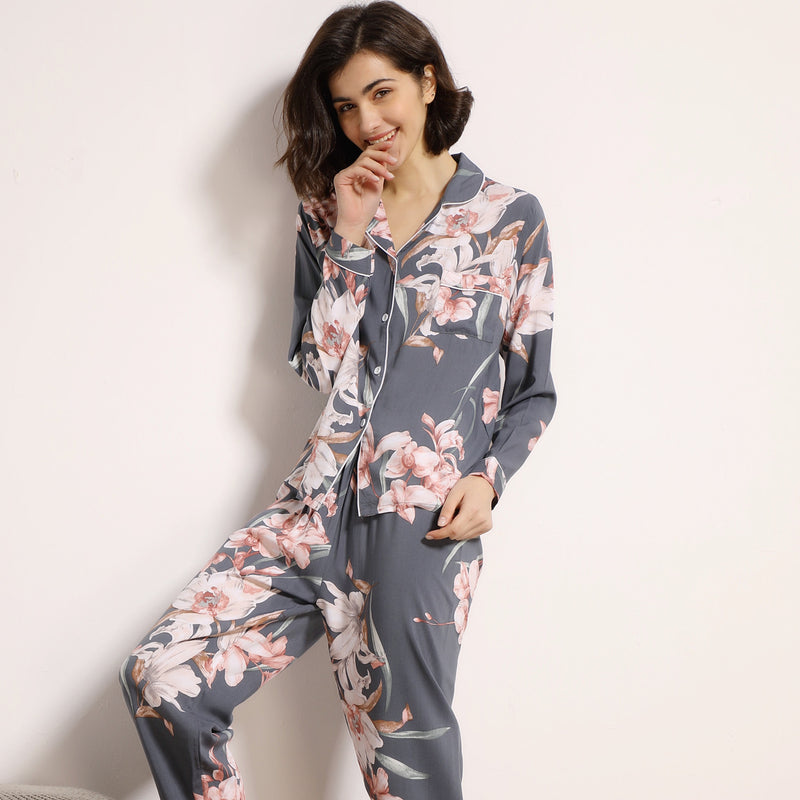 Evelyn Cotton-Silk Pajama Set – Luxury Botanical Print Loungewear