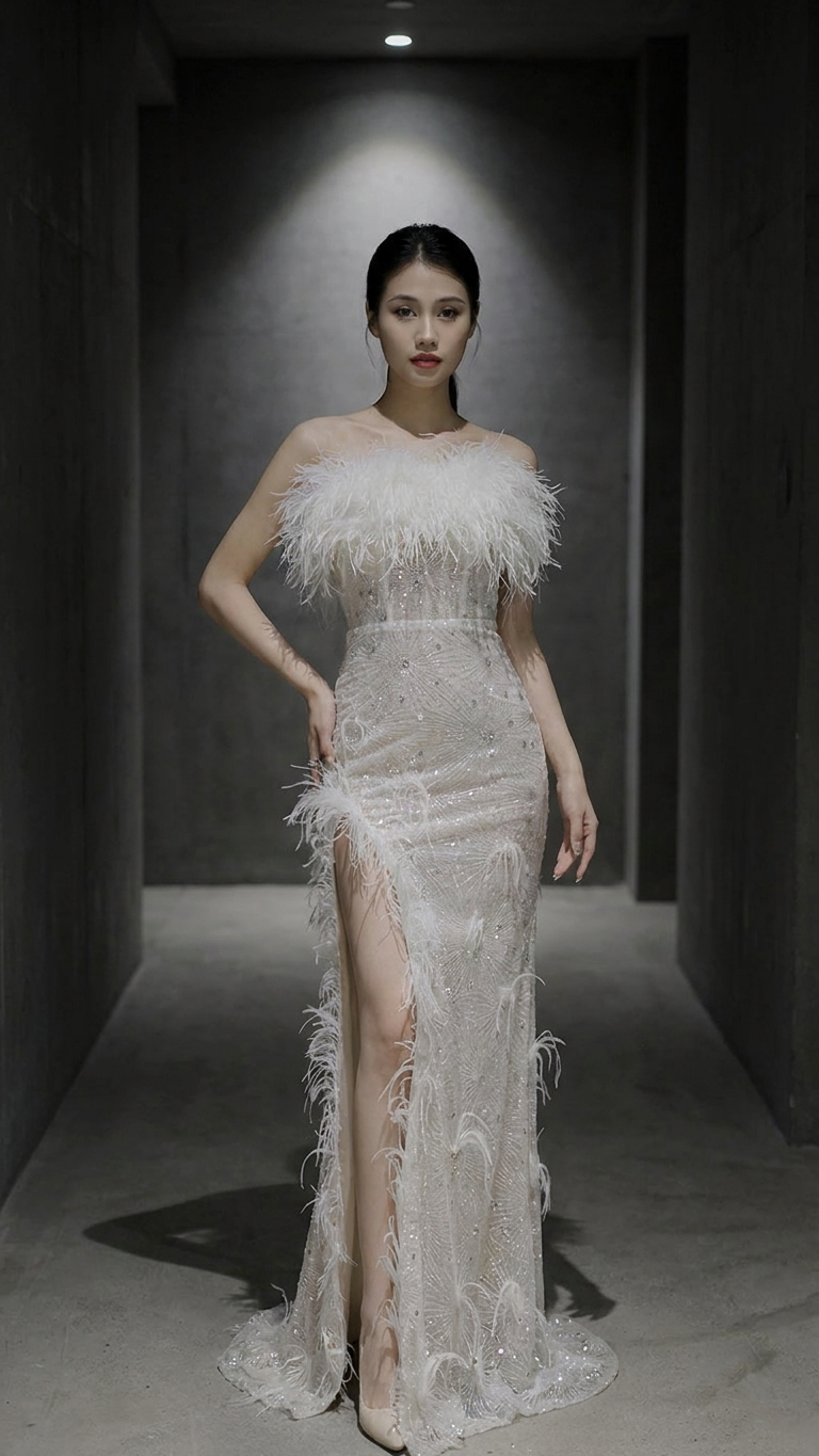 Aurora Feather-Trimmed Evening Dress — Sculpted Linen Statement Gown