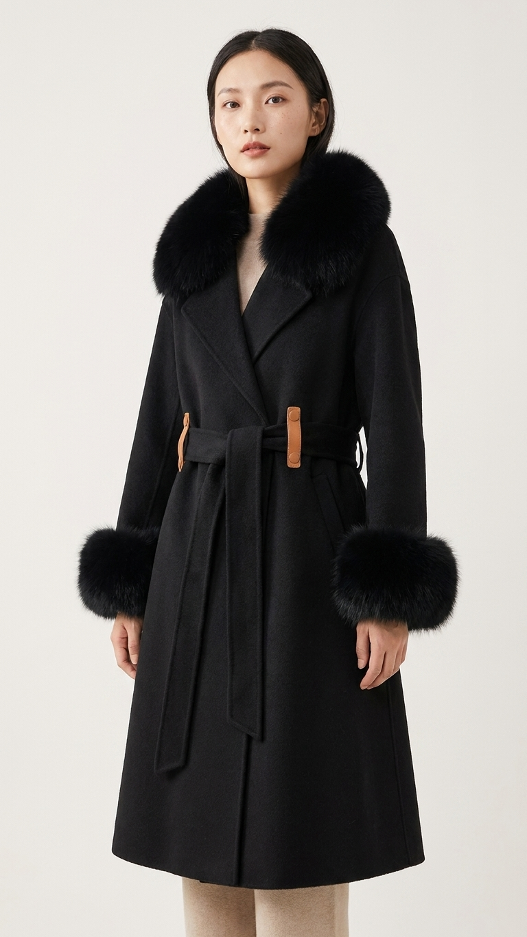 Genevieve Fur-Trimmed Cape Coat – Belted Double-Sided Cashmere-Blend Overcoat