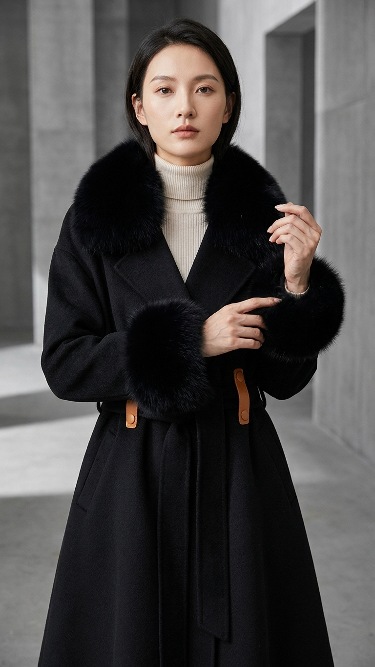 Genevieve Fur-Trimmed Cape Coat – Belted Double-Sided Cashmere-Blend Overcoat