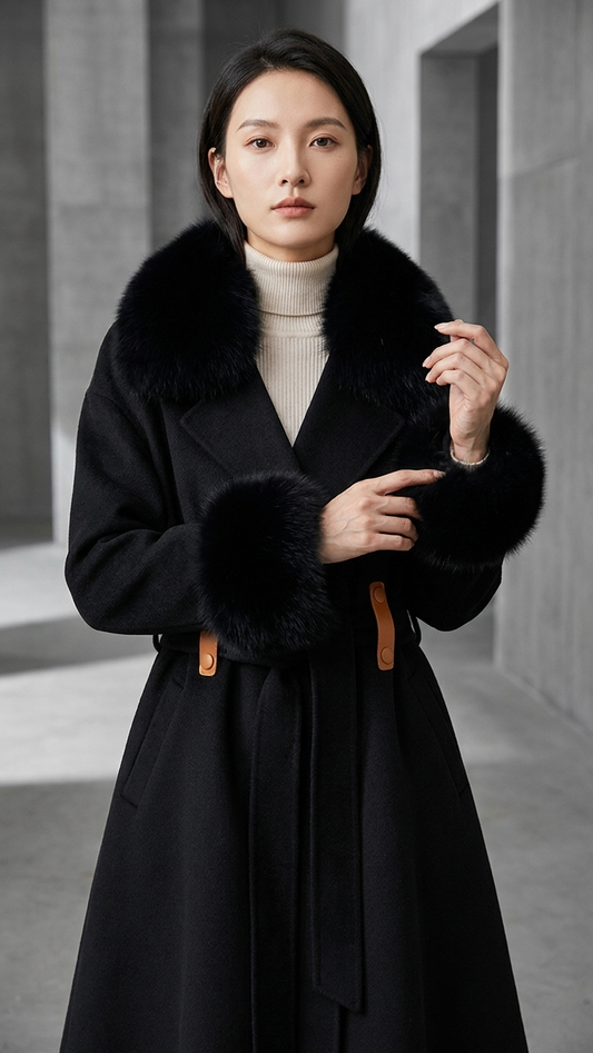 Genevieve Fur-Trimmed Cape Coat – Belted Double-Sided Cashmere-Blend Overcoat
