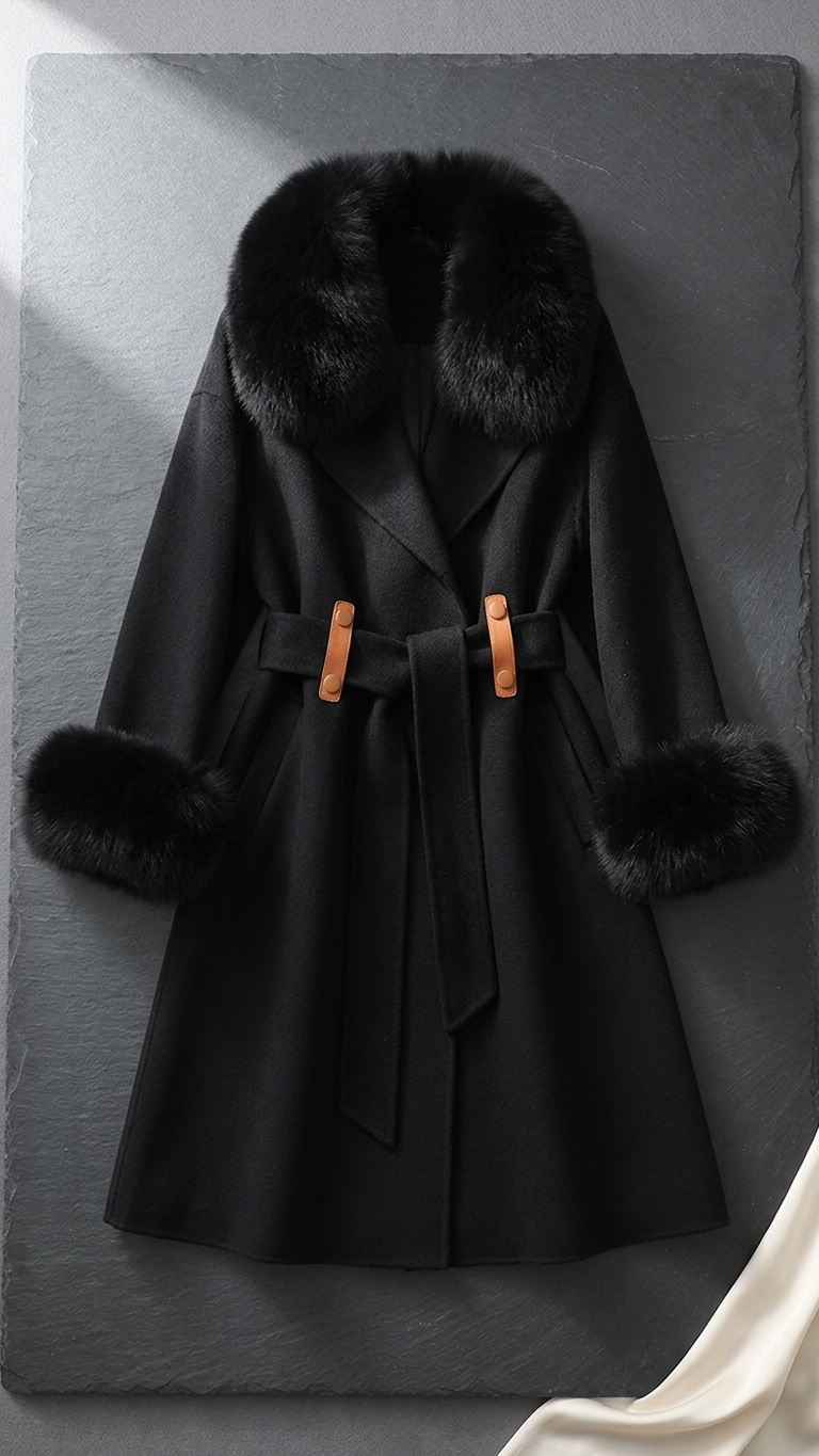 Genevieve Fur-Trimmed Cape Coat – Belted Double-Sided Cashmere-Blend Overcoat