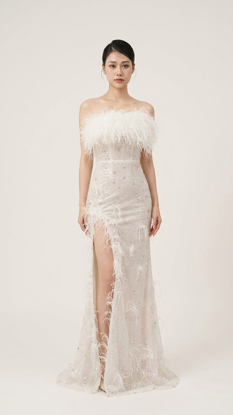 Aurora Feather-Trimmed Evening Dress — Sculpted Linen Statement Gown