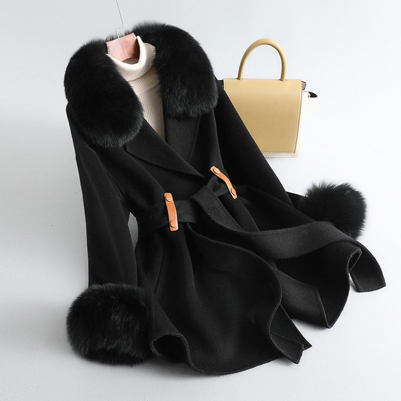 Genevieve Fur-Trimmed Cape Coat – Belted Double-Sided Cashmere-Blend Overcoat
