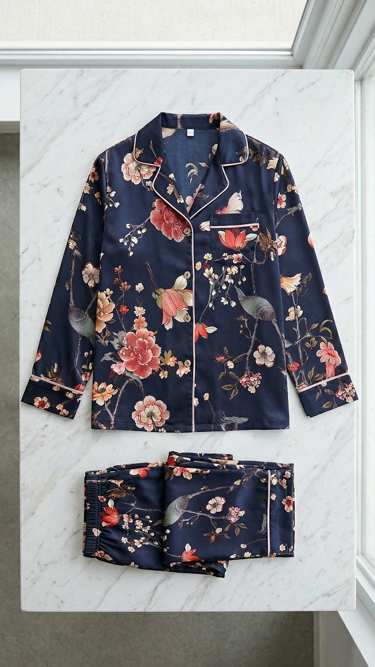 Amara Mulberry Silk-Blend Pajama Set – Luxury Botanical Floral Loungewear