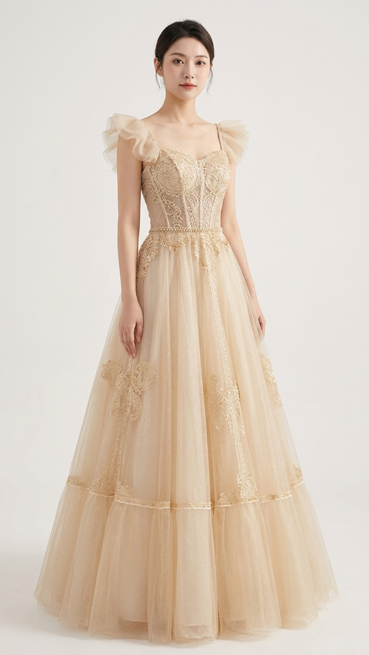 Aurelia Champagne Gold Tulle Evening Gown – High-End Banquet & Gala Dress