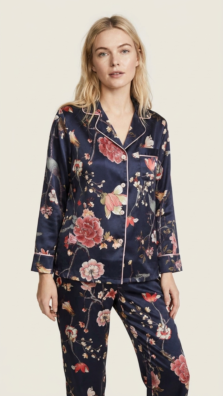 Amara Mulberry Silk-Blend Pajama Set – Luxury Botanical Floral Loungewear