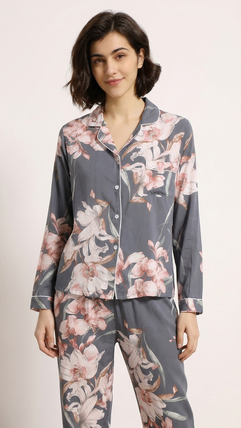 Evelyn Cotton-Silk Pajama Set – Luxury Botanical Print Loungewear