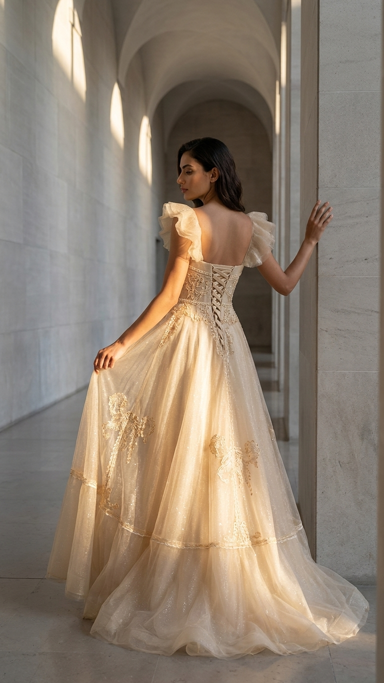 Aurelia Champagne Gold Tulle Evening Gown – High-End Banquet & Gala Dress