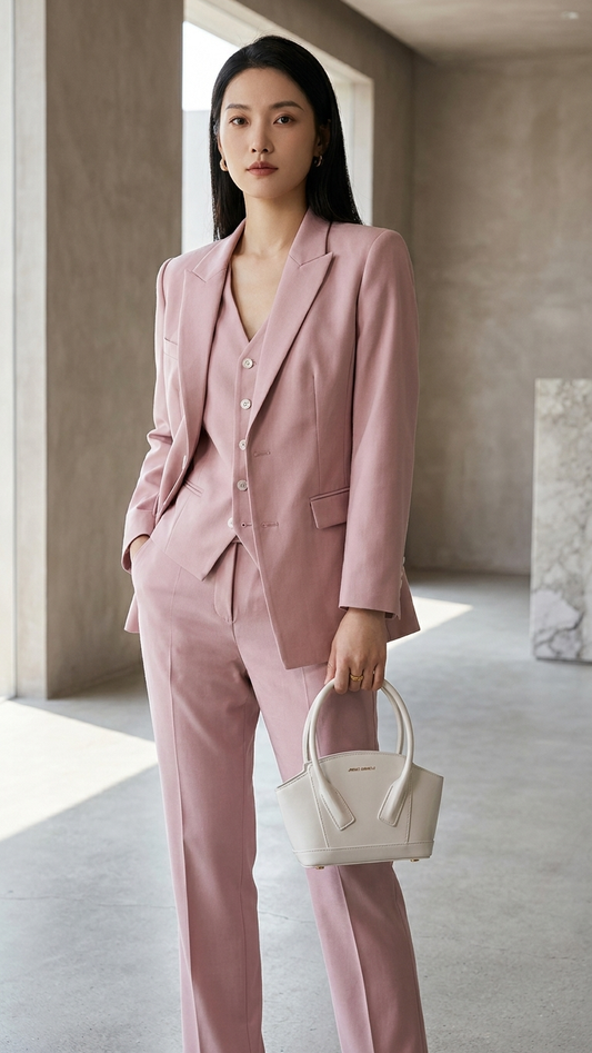 Elysian Tailored Three-Piece Suit – Luxury Powder Pink Blazer, Vest & Trouser Set