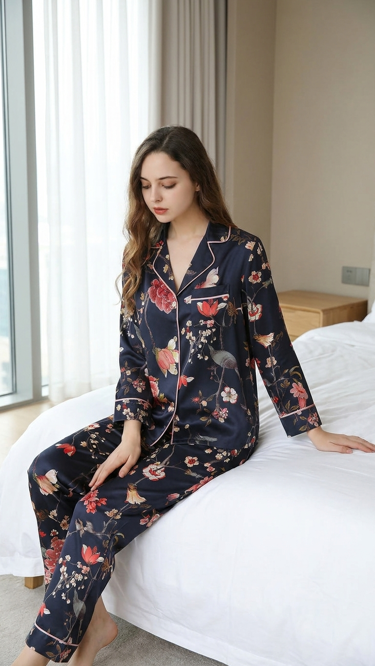 Amara Mulberry Silk-Blend Pajama Set – Luxury Botanical Floral Loungewear
