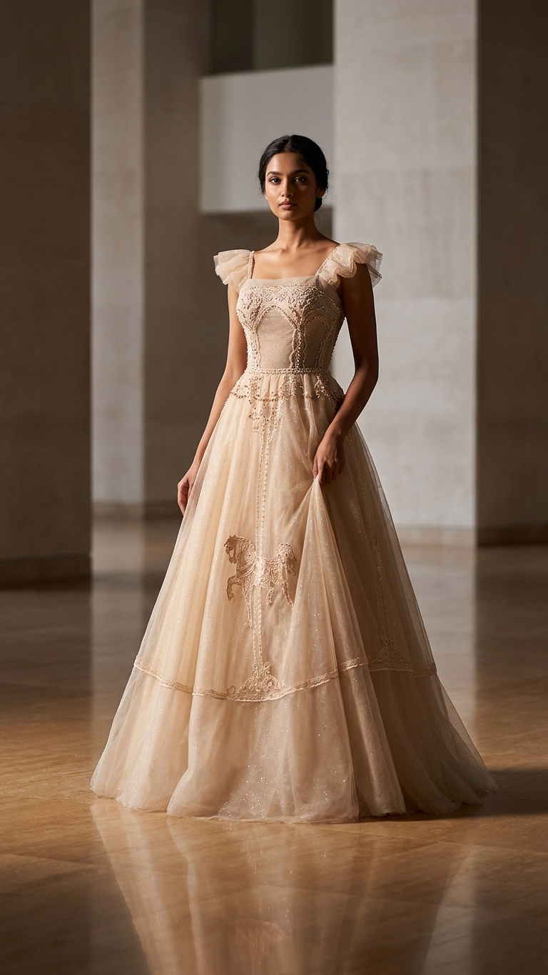Aurelia Champagne Gold Tulle Evening Gown – High-End Banquet & Gala Dress