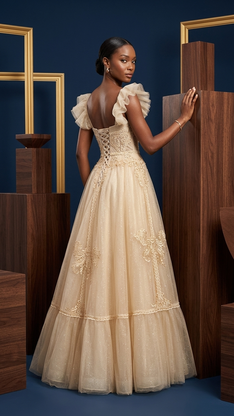 Aurelia Champagne Gold Tulle Evening Gown – High-End Banquet & Gala Dress