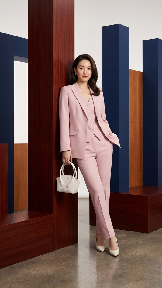 Elysian Tailored Three-Piece Suit – Luxury Powder Pink Blazer, Vest & Trouser Set