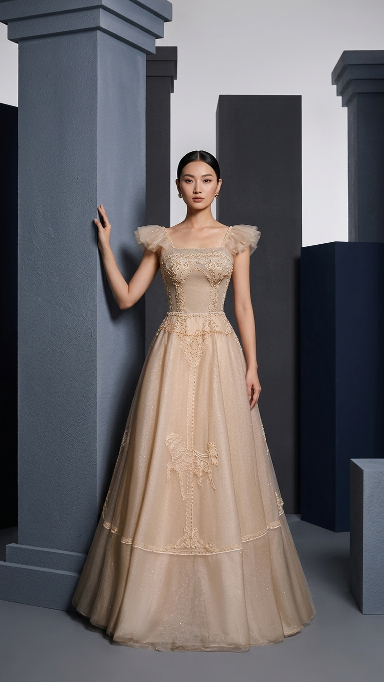 Aurelia Champagne Gold Tulle Evening Gown – High-End Banquet & Gala Dress