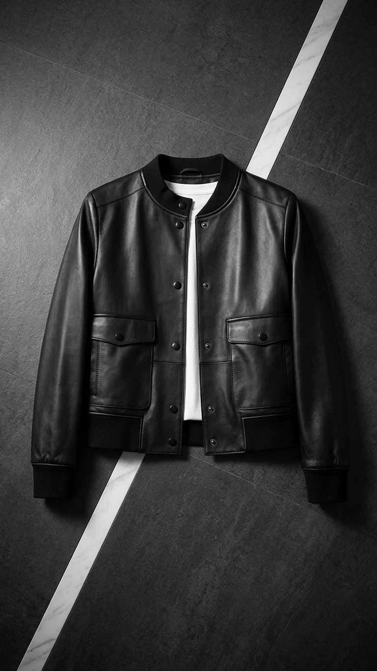 Collarless Straight-Cut Leather Jacket