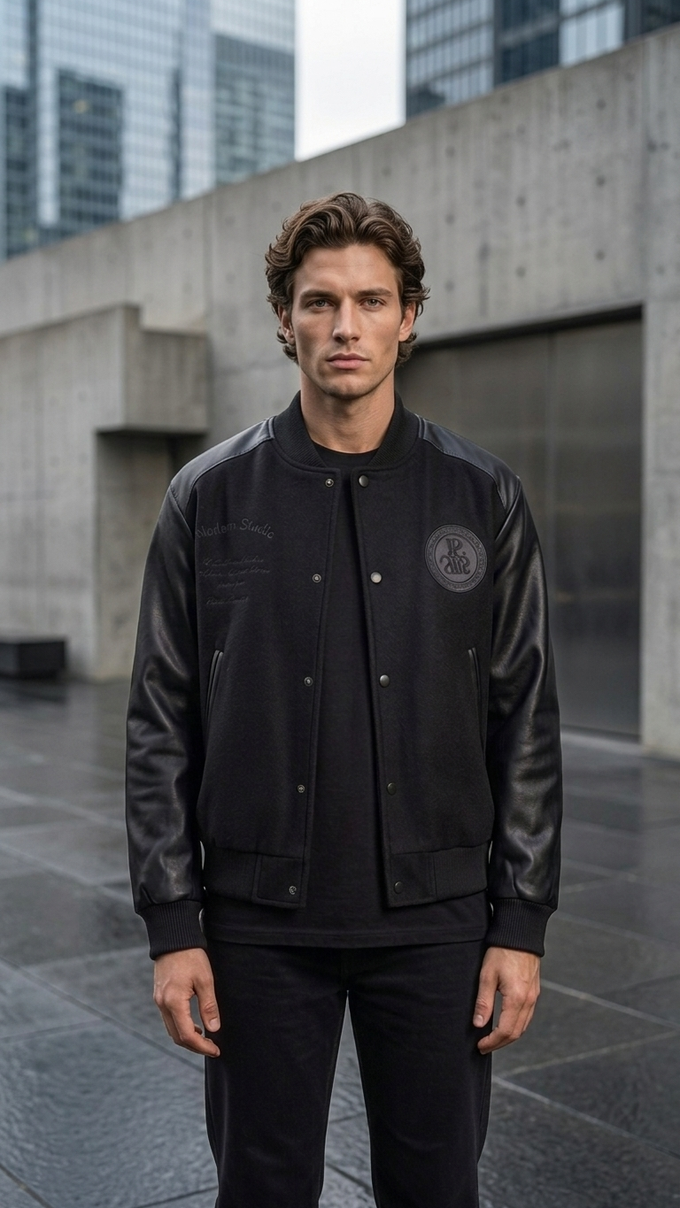 Contrast-Sleeve Varsity Jacket — Black