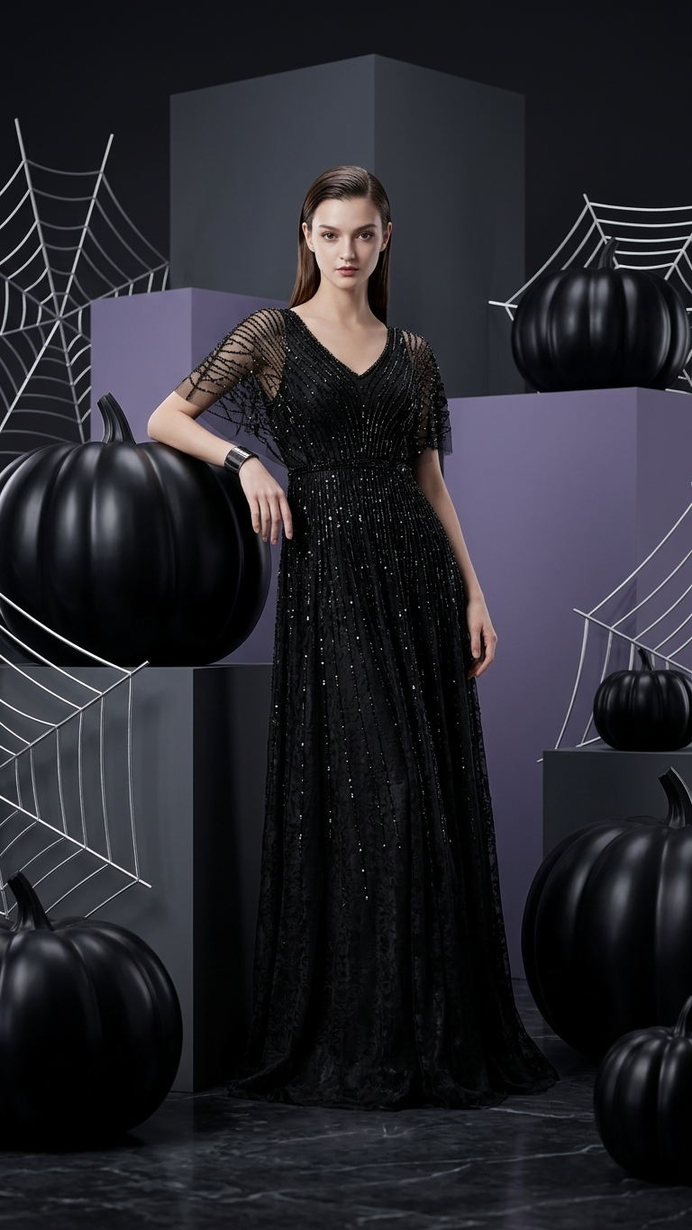 Solid Black Sequin Evening Gown with V-Neck Flutter Sleeves