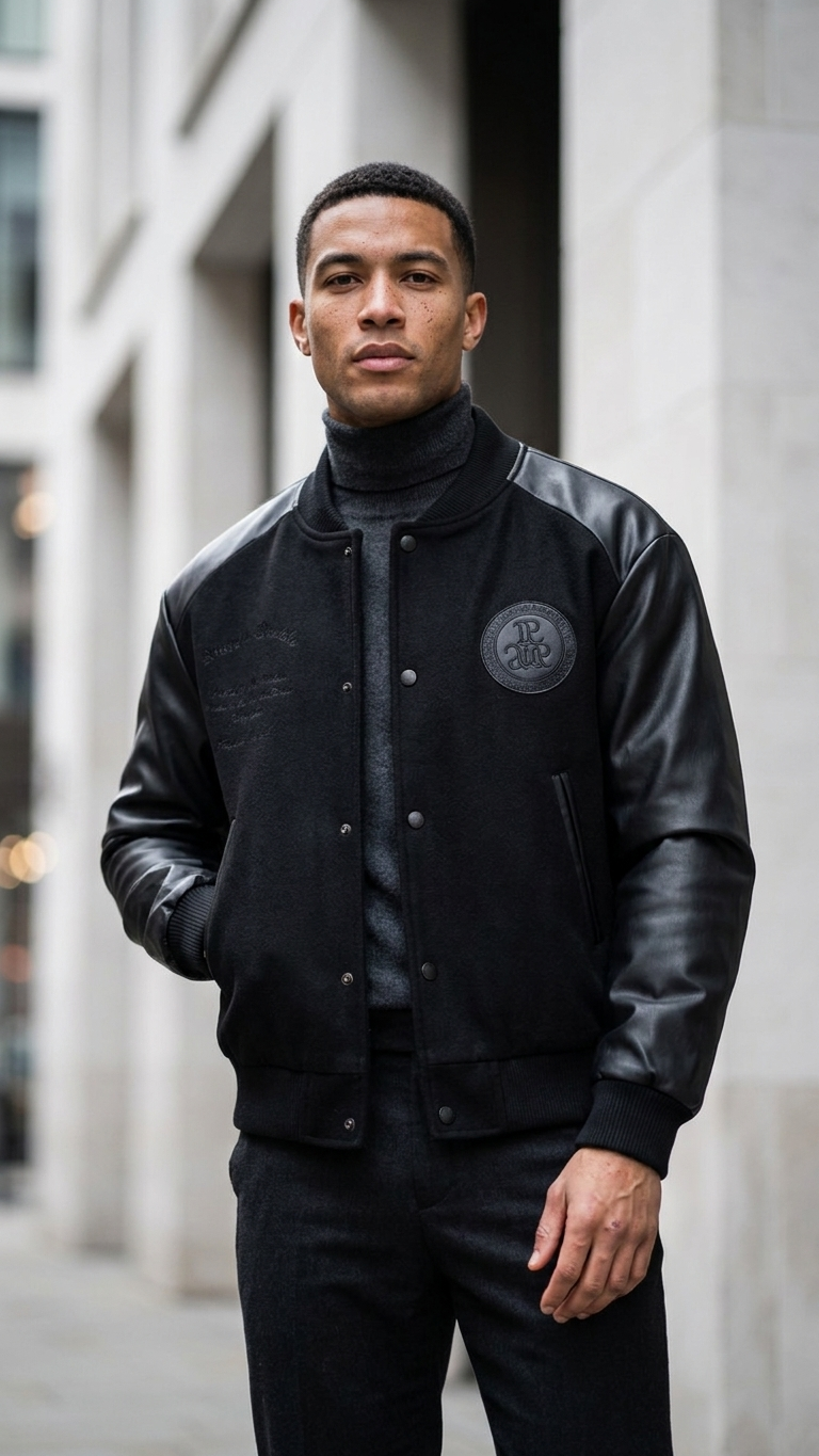 Contrast-Sleeve Varsity Jacket — Black
