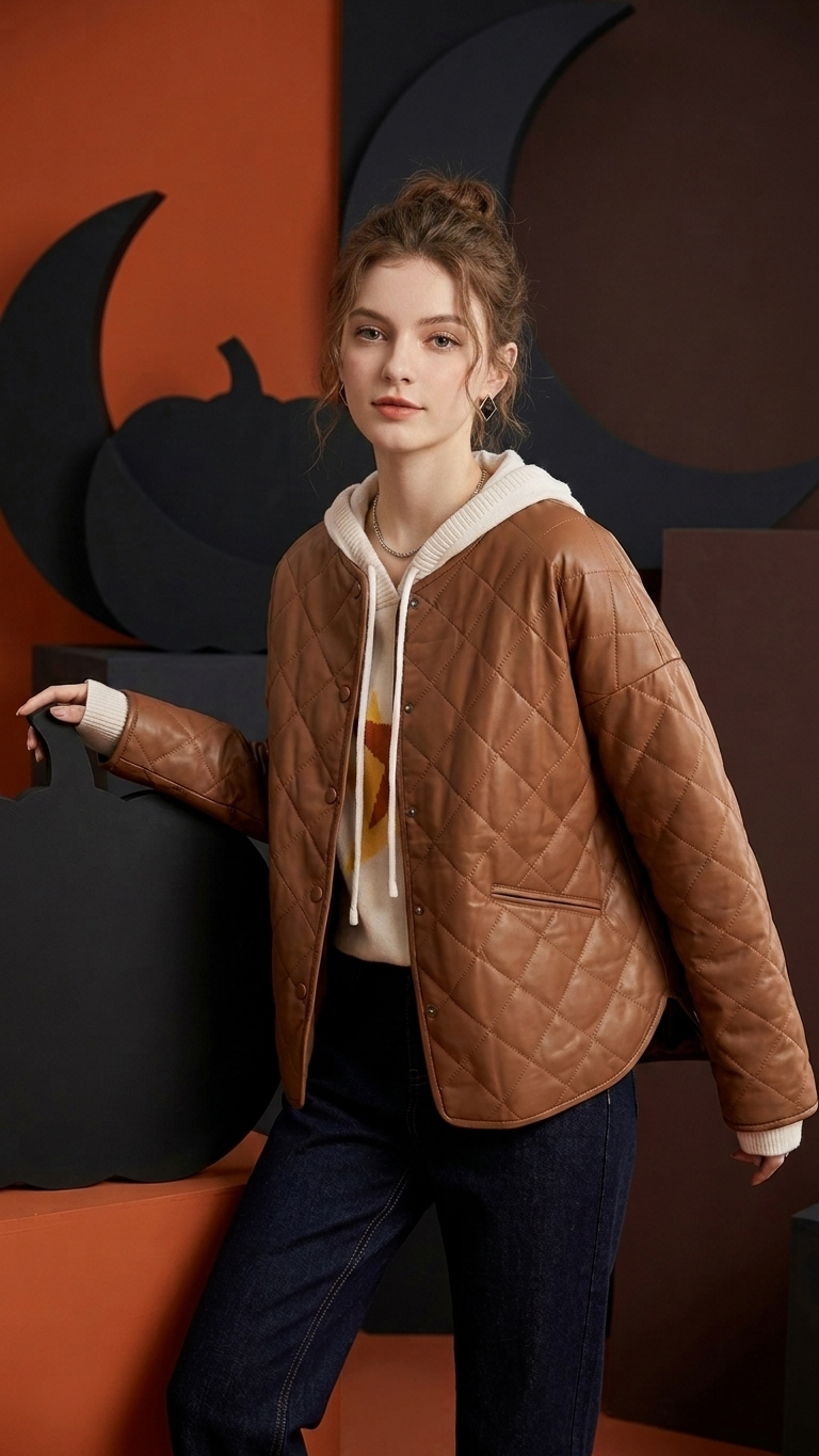 Quilted Faux Leather Jacket — Diamond Stitch, Camel & Black
