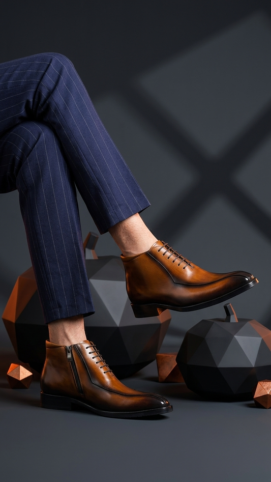 Burnished cognac-to-black leather pointed-toe business boot
