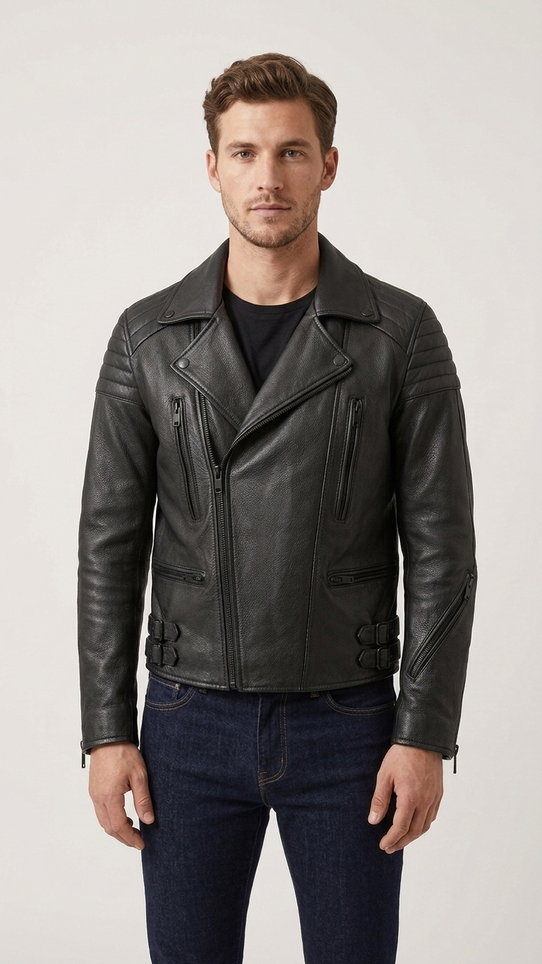 Cowhide Leather Moto Jacket — Asymmetric Zip
