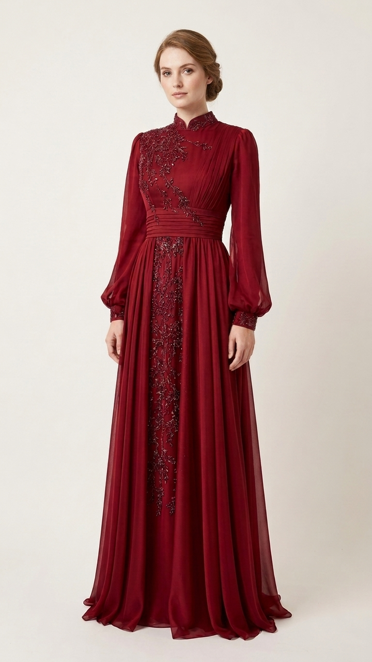 Stand Collar Long Sleeve Lace Evening Gown with Train