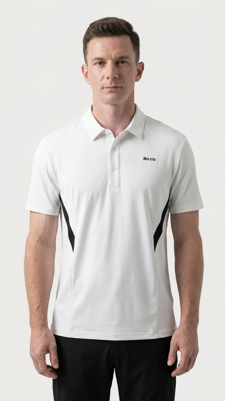 Golf polo with color-block paneling and a seamless laminated collar built for course to clubhouse comfort