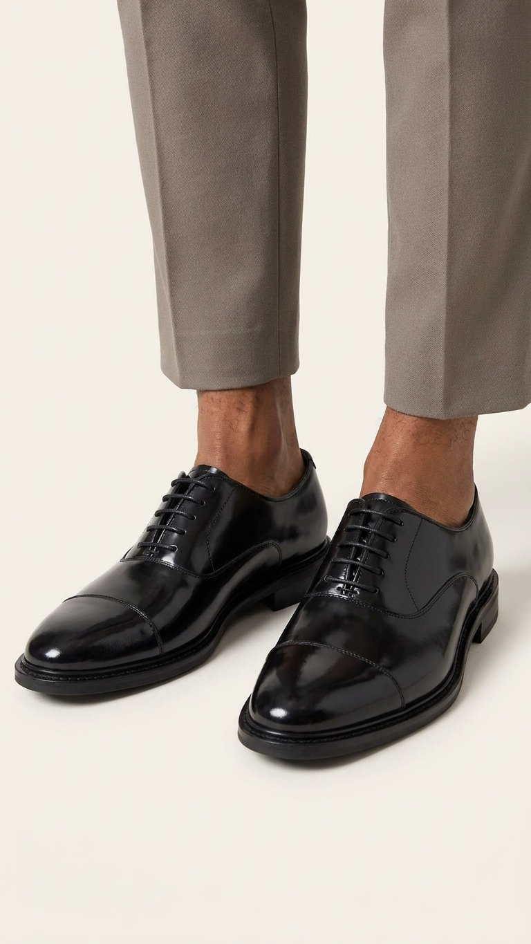 Men's black leather-look chunky-sole cap-toe derby, lace-up, commando lug sole