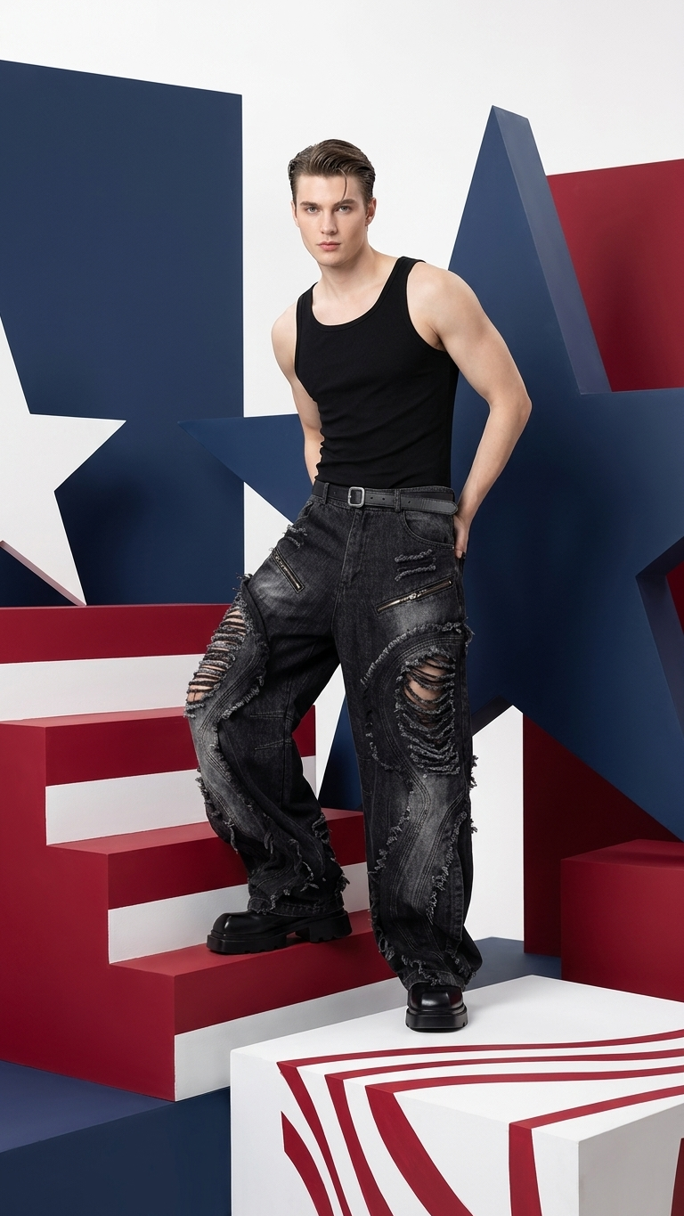 American-Style Deconstructed Distressed Wide-Leg Jeans — Patchwork Denim