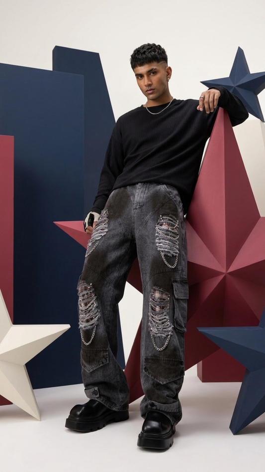 Deconstructed Distressed Wide-Leg Denim – Raw-Edge Panel Jeans