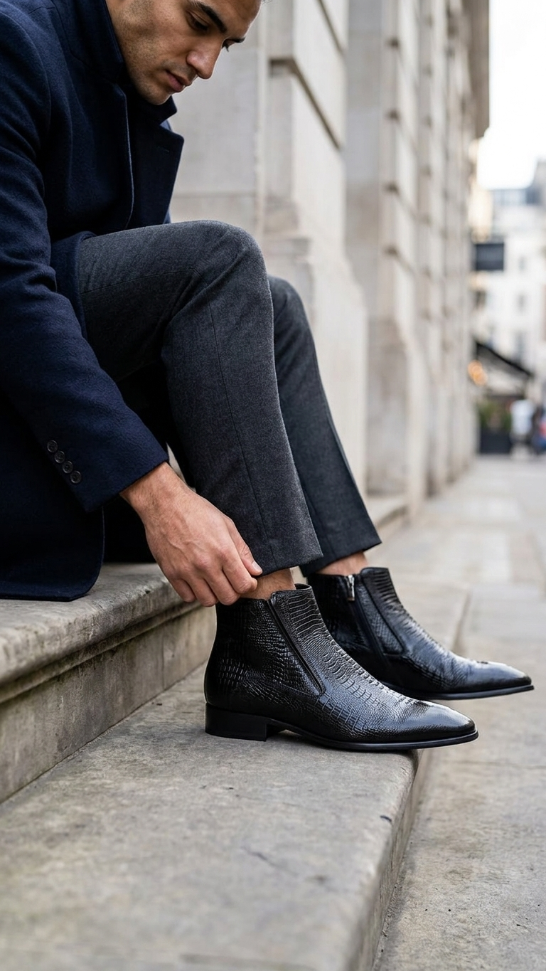 Pointed-toe black leather Chelsea boot with textured embossed finish