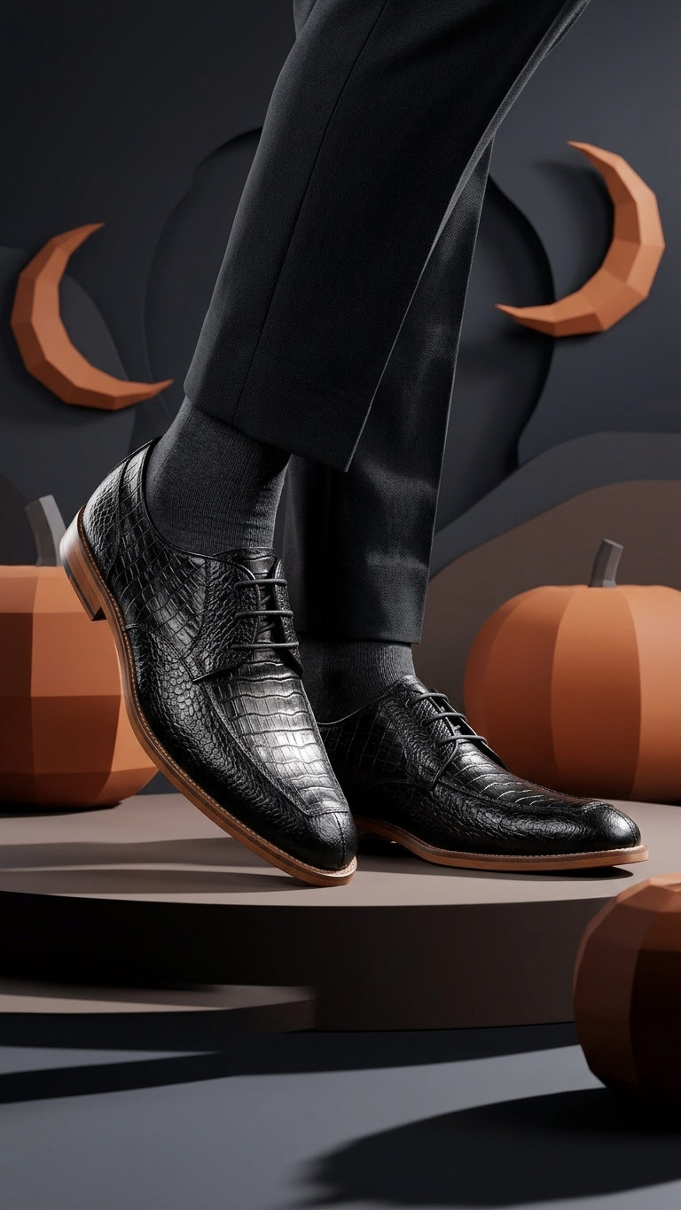 Black crocodile-embossed leather derby with contrast tan sole