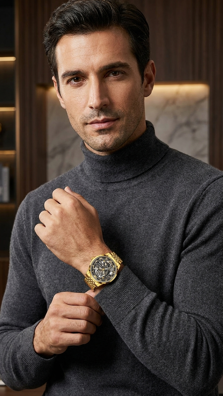 Gold-tone automatic skeleton watch, steel case, leather strap, sapphire crystal — statement piece