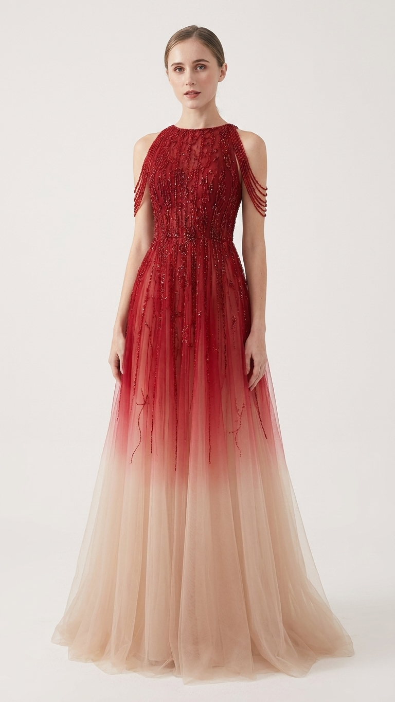 Beaded Ombré Halter Evening Gown with Sweeping Train