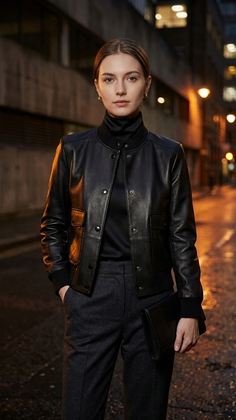 Collarless Straight-Cut Leather Jacket