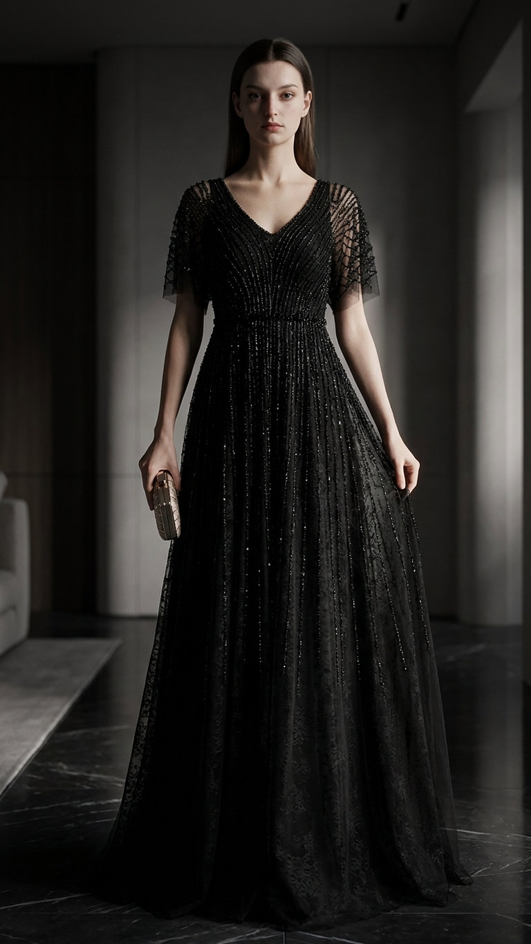Solid Black Sequin Evening Gown with V-Neck Flutter Sleeves