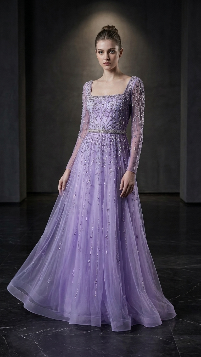 Sparkly Long-Sleeve Beaded Evening Gown — Zipper Ball Gown