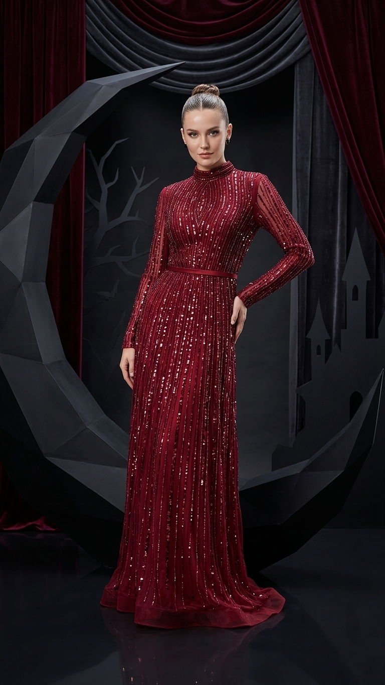 Sequined High-Neck Long-Sleeve Evening Gown
