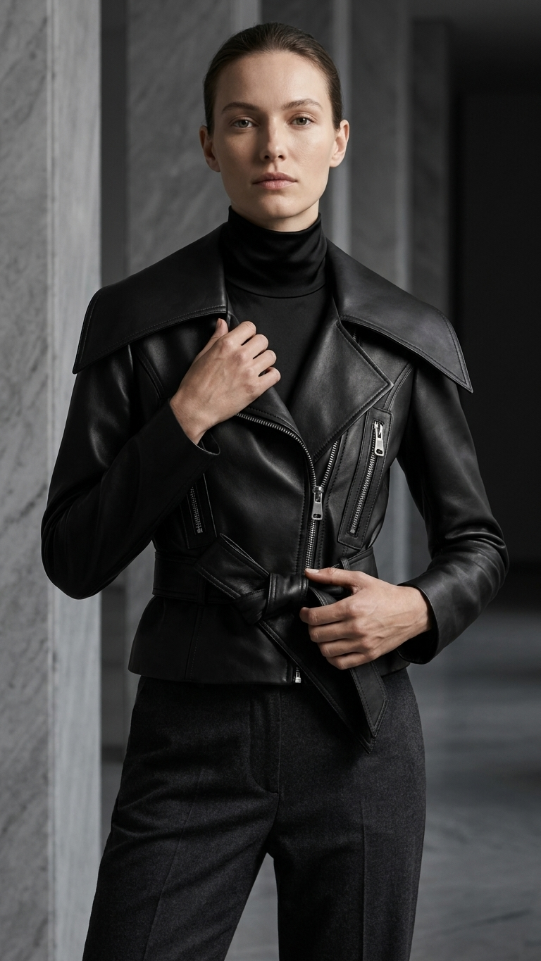Cropped Structured Moto Jacket — Architectural Leather-Look Biker Silhouette